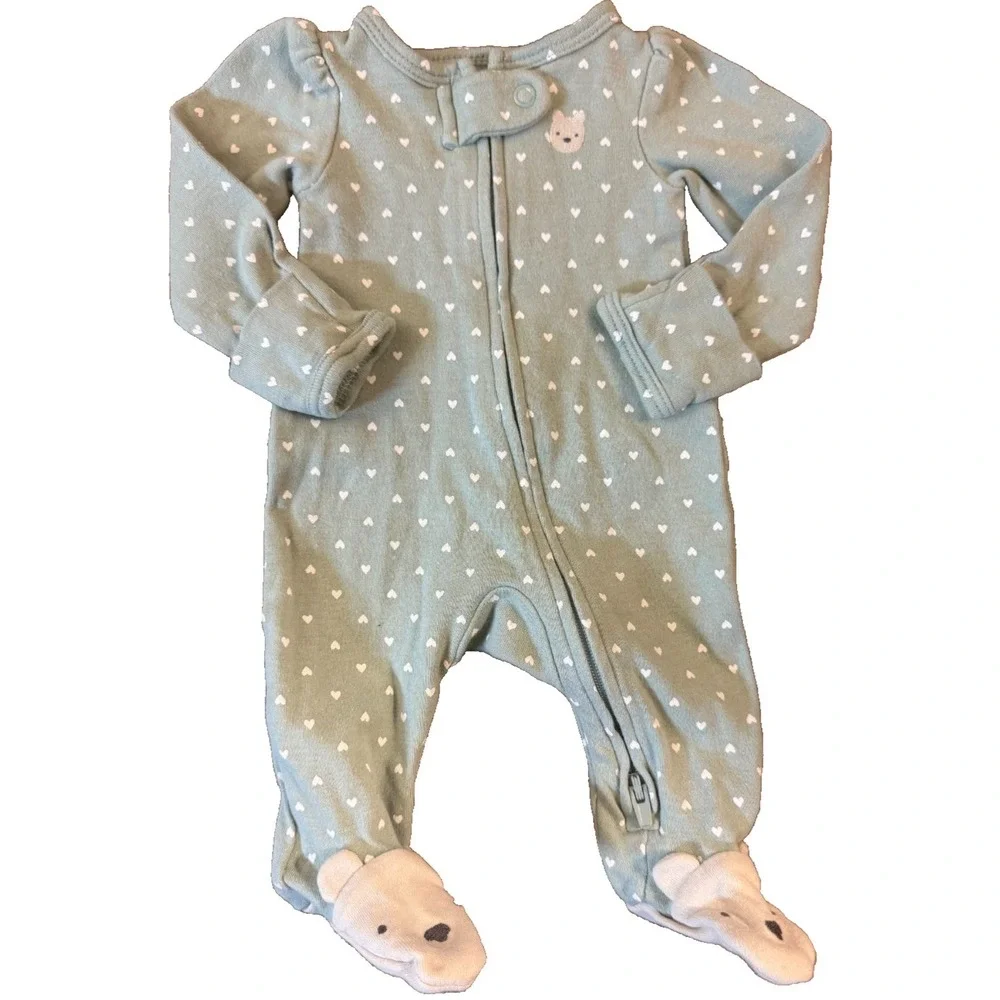 Baby Girl Preemie Outfit Footie‎ Sleeper Heart Bear Green 2 Way Zipper Clothes